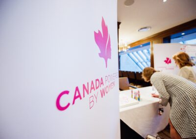 Canada Powered by Women logo on a sign next to a booth at the The Common Ground of Energy Transformation event