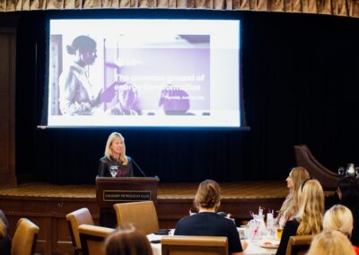 Woman giving a speech about the common ground of energy transformation