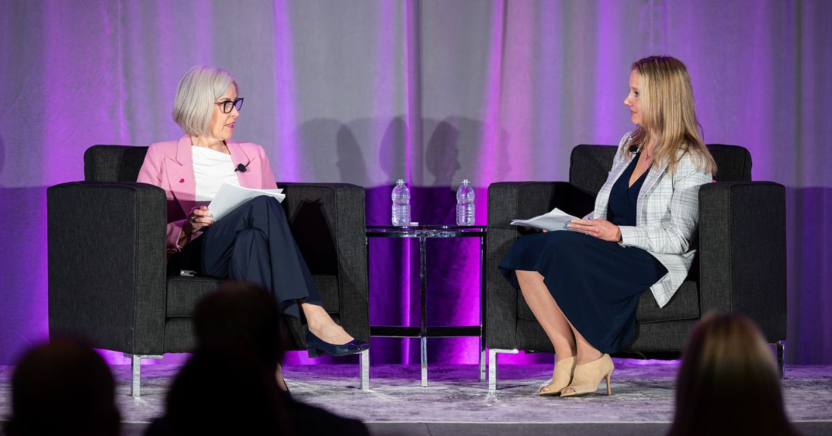 Tracey Bodnarchuk, founder and CEO of Canada Powered by Women (left) talks with Heather Owen, Senior Vice President of research firm Léger, at CPW's Powering Prosperity tour in Toronto.